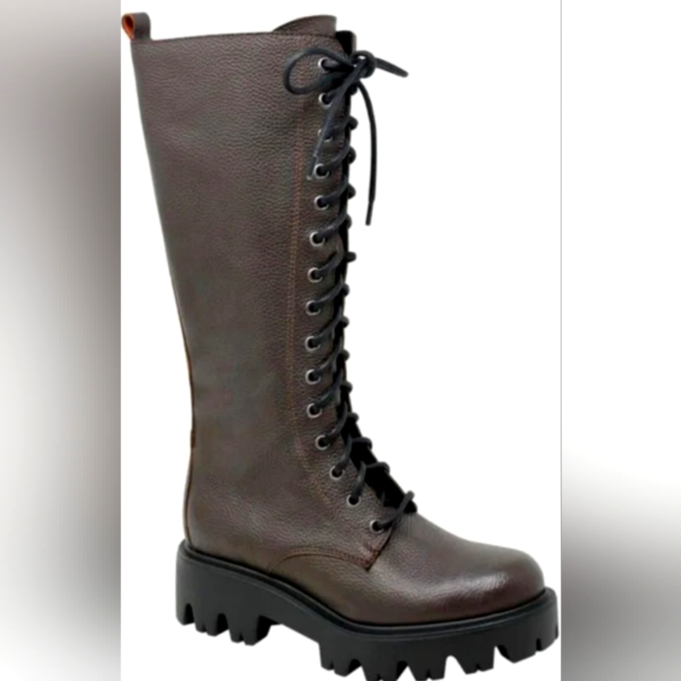 New Charles David Hound Boot Knee High Pebbled Leather Brown Platform Chunky